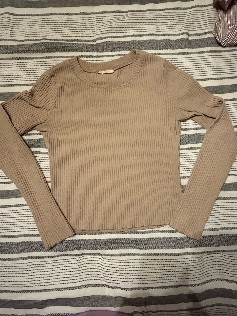 Ribbed Long-Sleeve Crew Neck Top - Beige